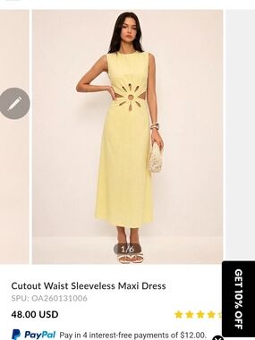 Cutout Waist Sleeveless Maxi Dress - Yellow NWT COMMENSE